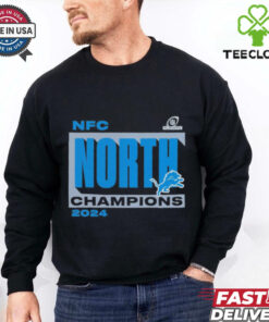 Detroit Lions Fanatics 2024 NFC North Division Champions Conquer T-Shirt with a bold and celebratory design, perfect for Lions fans commemorating the division title.