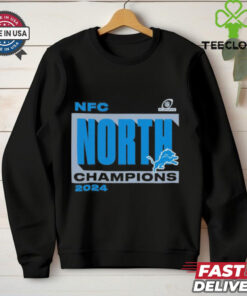 Detroit Lions Fanatics 2024 NFC North Division Champions Conquer T-Shirt with a bold and celebratory design, perfect for Lions fans commemorating the division title.