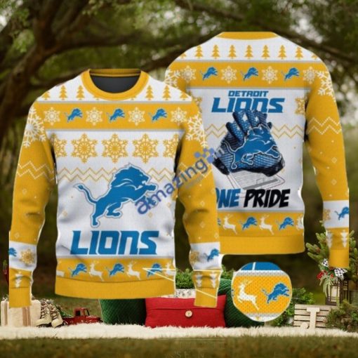 Detroit Lions Fans Logo Snowflake Pattern Ugly Christmas Sweater Yellow