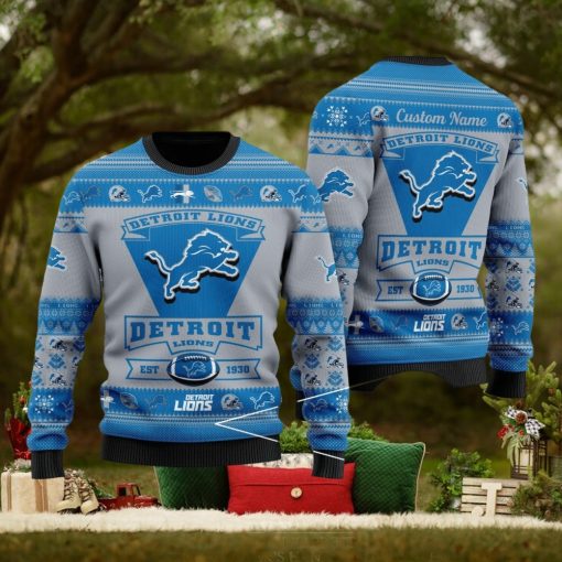 Detroit Lions Football Team Logo Ugly Christmas Sweater Custom Name Christmas For Fans