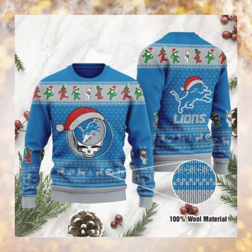 Detroit Lions Grateful Dead SKull And Bears Custom Name Ugly Sweater NFL Football Christmas Shirt