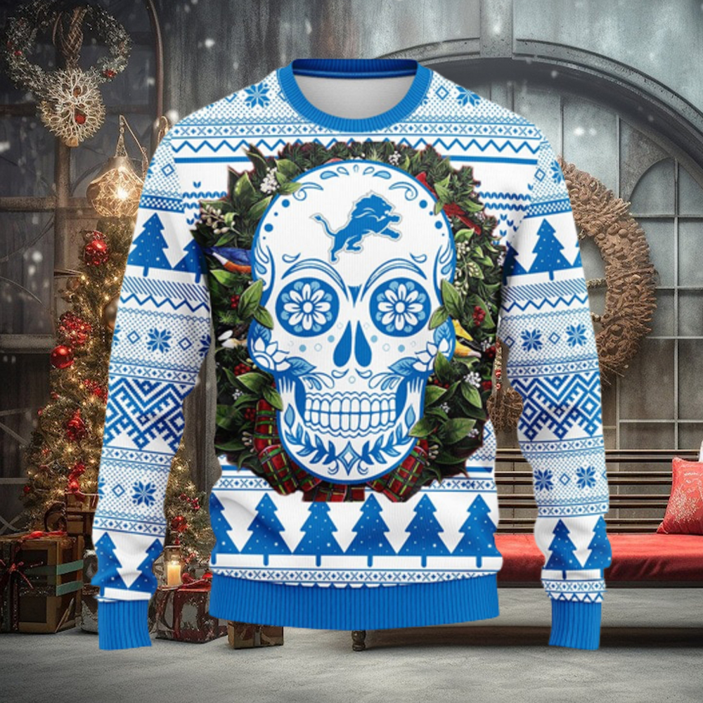 Detroit Lions Skull Flower Ugly Christmas Ugly Sweater - Teeclover