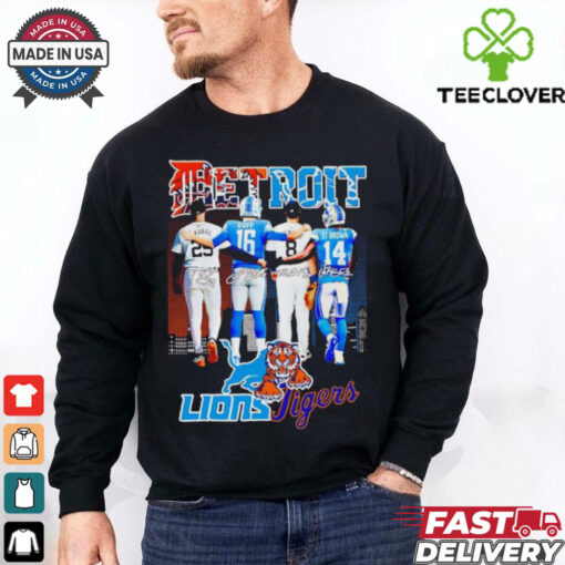 Detroit Lions and Tigers players Skubal Goff Vierling St. Brown shirt