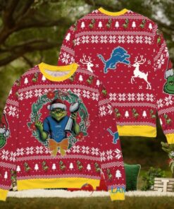 Detroit Lions x Grinch NFL Dr. Seuss How the Grinch Stole Christmas with Super Bowl Trophy Ugly Christmas Sweater Red