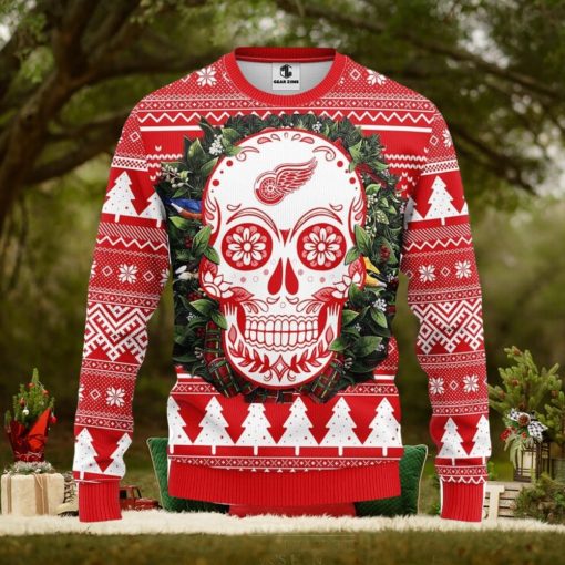 Detroit Red Wings Skull Flower Ugly Christmas Ugly 3D Xmas Sweater Christmas Gift For Fans