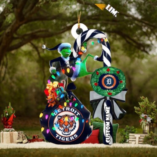 Detroit Tigers MLB Custom Name Grinch Candy Cane Tree Decorations Xmas 2023 Gift Christmas Ornament