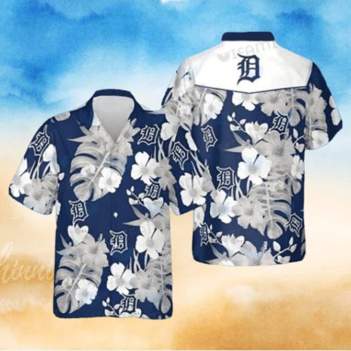 Detroit Tigers Monochrome Floral Blue Hawaiian Shirt
