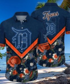 Detroit Tigers Navy Blue Hibiscus And Orange Highlights Aloha Shirt