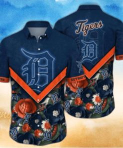 Detroit Tigers Navy Blue Hibiscus And Orange Highlights Aloha Shirt