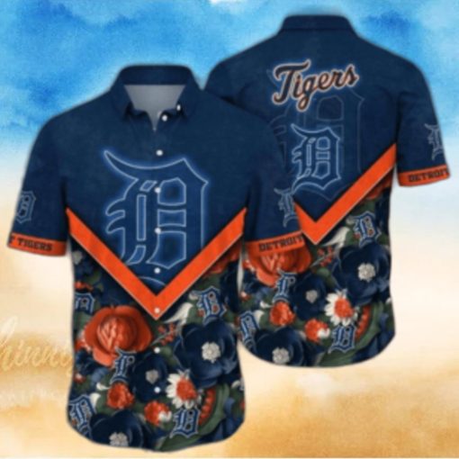 Detroit Tigers Navy Blue Hibiscus And Orange Highlights Aloha Shirt