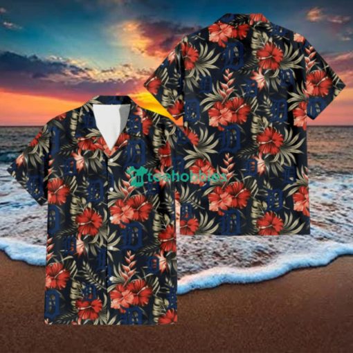 Detroit Tigers Red Hibiscus Green Leaf Dark Background 3D Hawaiian Shirt Gift For Fans