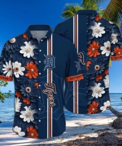 Detroit Tigers Tropical Navy Hawaiian Shirt With White Orange Floral Patterns