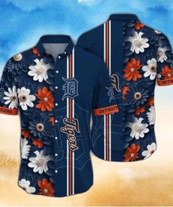 Detroit Tigers Tropical Navy Hawaiian Shirt With White Orange Floral Patterns