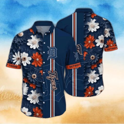 Detroit Tigers Tropical Navy Hawaiian Shirt With White Orange Floral Patterns