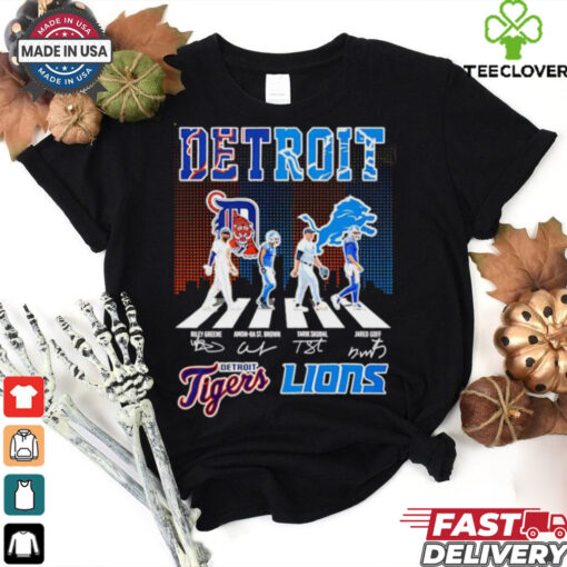 Detroit Tigers and Detroit Lions abbey road city skyline shirt