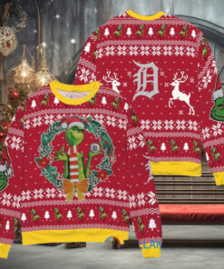 Detroit Tigers x Grinch Dr. Seuss How the Grinch Stole Christmas MLB with World Series Trophy Ugly Christmas Sweater Red