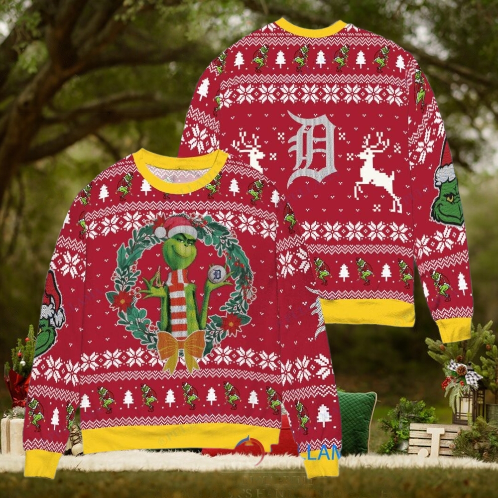 Detroit Tigers x Grinch Dr. Seuss How the Grinch Stole Christmas MLB with World Series Trophy Ugly Christmas Sweater Red Detroit Tigers x Grinch Dr. Seuss How the Grinch Stole Christmas MLB with World Series Trophy Ugly Christmas Sweater Red
