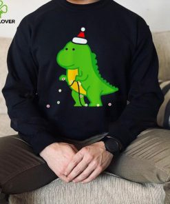 Dinosaur putting up string lights Christmas shirt