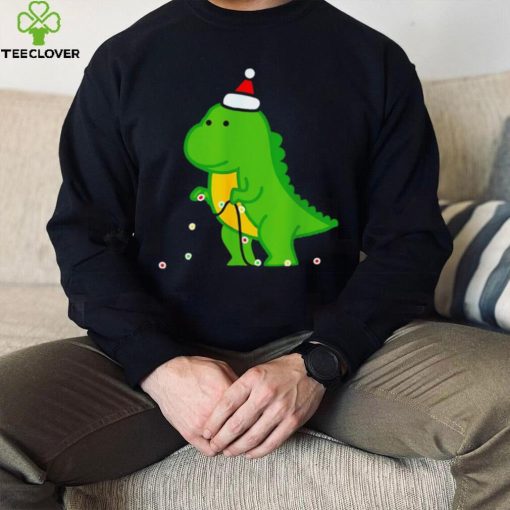 Dinosaur putting up string lights Christmas hoodie, sweater, longsleeve, shirt v-neck, t-shirt