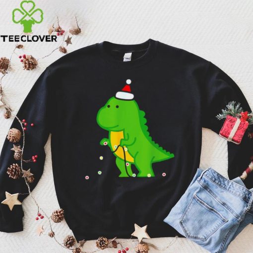 Dinosaur putting up string lights Christmas hoodie, sweater, longsleeve, shirt v-neck, t-shirt