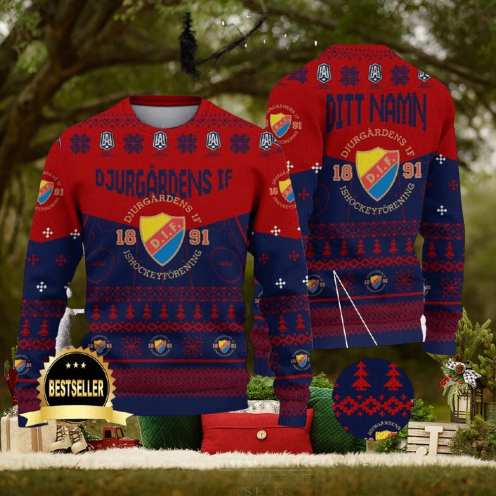 Djurgårdens IF Ugly Christmas Sweater Logo Custom Name Gift Fans Djurgårdens IF Ugly Christmas Sweater Logo Custom Name Gift Fans