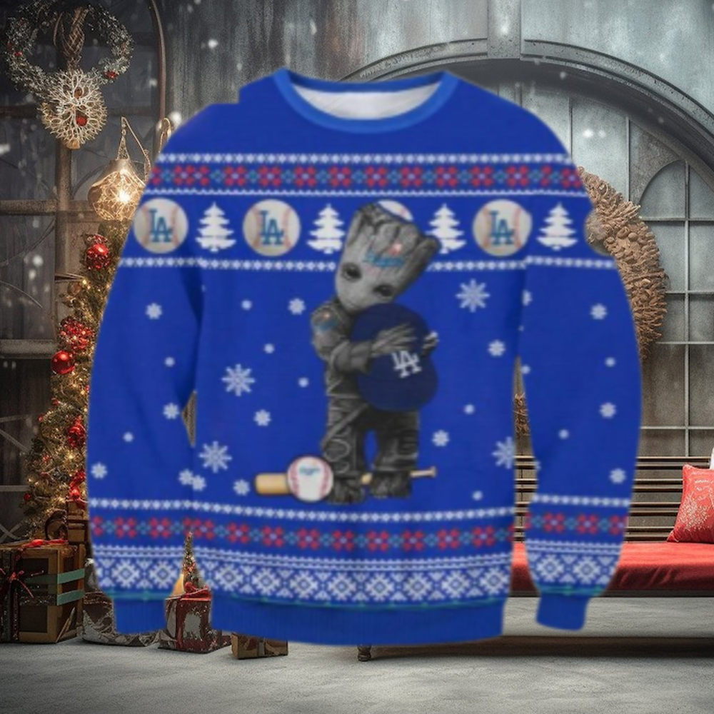 Dodgers Groot Hugging Baseball Christmas Ugly Sweater Dodgers Groot Hugging Baseball Christmas Ugly Sweater