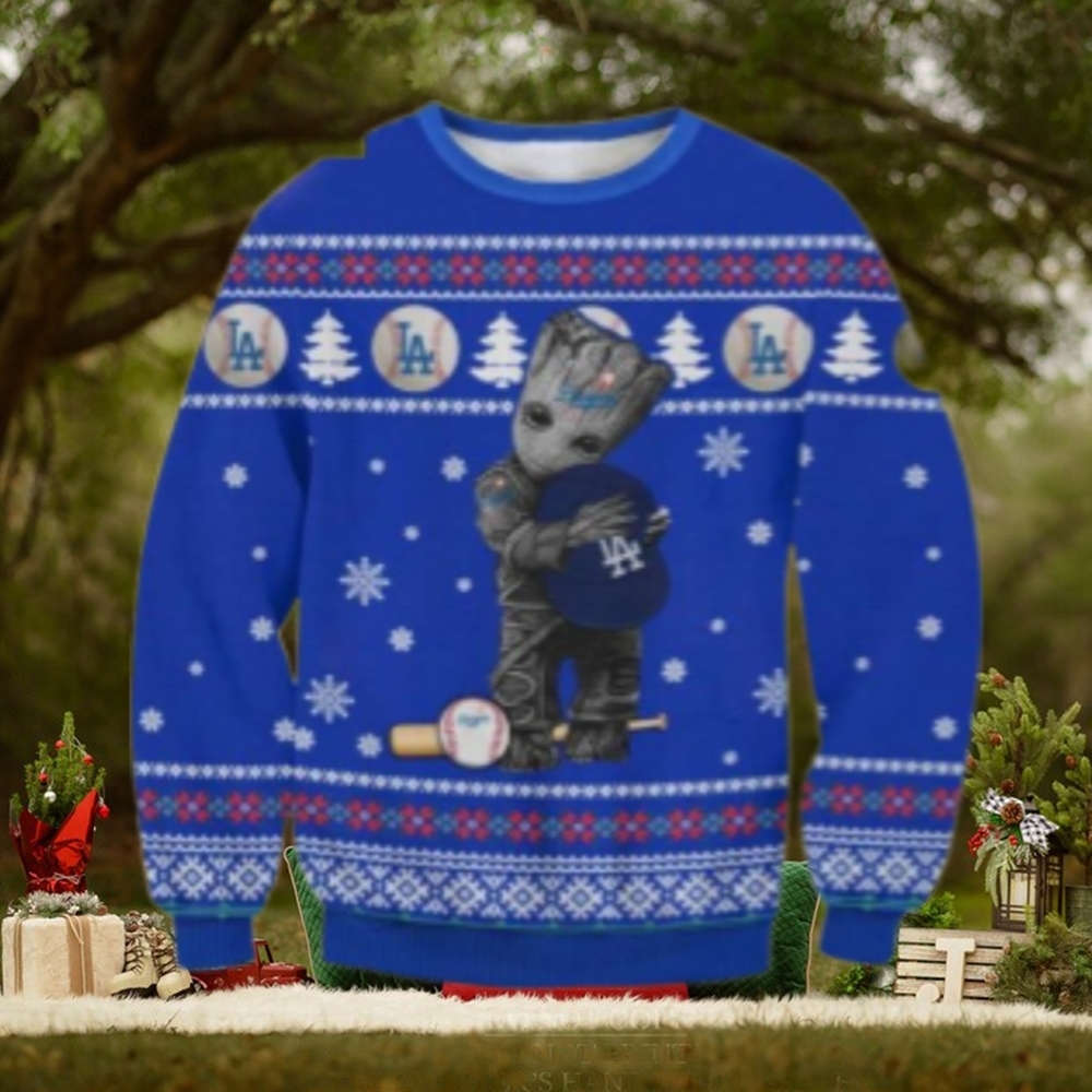 Dodgers Groot Hugging Baseball Christmas Ugly Sweater Dodgers Groot Hugging Baseball Christmas Ugly Sweater