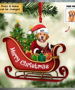 Dog Sitting On A Cute Sleigh Ornament Personalized Acrylic Christmas Ornament