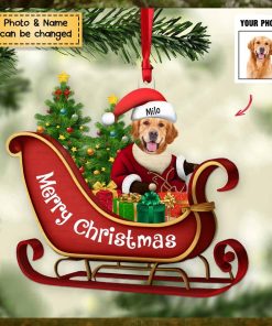 Dog Sitting On A Cute Sleigh Ornament   Personalized Acrylic Christmas Ornament