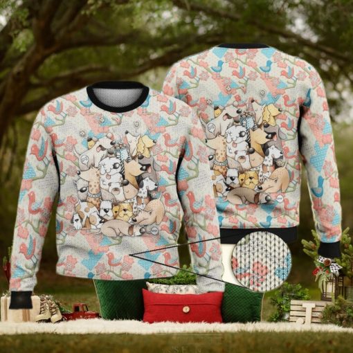 Dogs On Pink And Blue Birds Background Full Print 3D Ugly Sweater Christmas Gift Sweater