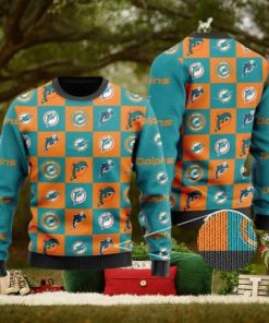 Dolphins Logo Checkered Flannel Design Knitted Ugly Christmas Sweater