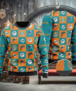 Dolphins Logo Checkered Flannel Design Knitted Ugly Christmas Sweater