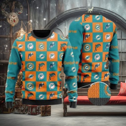 Dolphins Logo Checkered Flannel Design Knitted Ugly Christmas Sweater