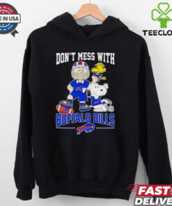 Don't Mess with Buffalo Bills Charlie Brown and Snoopy Shirt featuring a playful design that combines the iconic Charlie Brown and Snoopy characters with the Buffalo Bills logo, perfect for fans who enjoy a fun, lighthearted take on their team spirit.