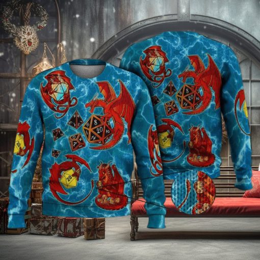 Dragon Plaing Dice Blue 3D Full Print Ugly Sweater Christmas Gift Sweater