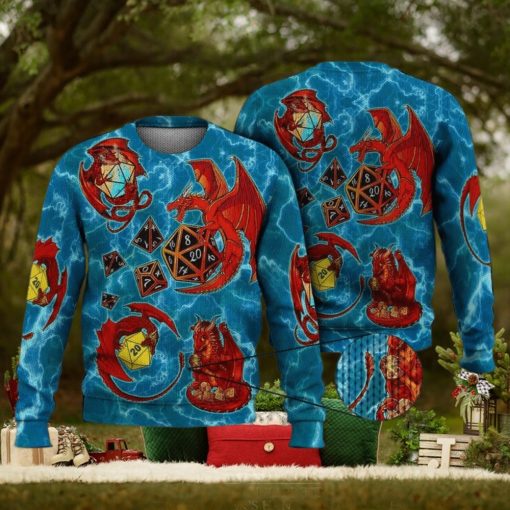 Dragon Plaing Dice Blue 3D Full Print Ugly Sweater Christmas Gift Sweater