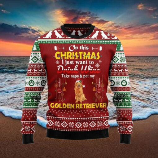 Drink Wine Pet My Golden Retriever Christmas Ugly Sweater