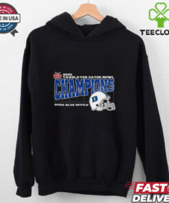 Duke Blue Devils 2025 TaxSlayer Gator Bowl Champions T-shirt, vintage style with helmet design, unisex fit, Duke football fan gear, Gator Bowl championship shirt.
