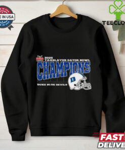 Duke Blue Devils 2025 TaxSlayer Gator Bowl Champions T-shirt, vintage style with helmet design, unisex fit, Duke football fan gear, Gator Bowl championship shirt.
