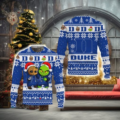 Duke Blue Devils Baby Groot And Grinch Best Friends Football American New 3D Sweater Gift Ugly Christmas