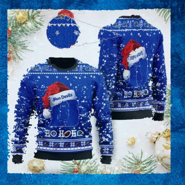 Duke Blue Devils NCAA Symbol Wearing Santa Claus Hat Cute Pattern Ho Ho Ho Custom Personalized Ugly Christmas Sweater Wool S