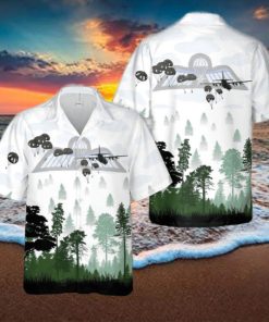 Dutch Royal Netherlands Army 11 Airmobile Brigade (11e Luchtmobiele Brigade) C 130 aircraft drops paratroopers Exercise Falcon Leap Hawaiian Shirt