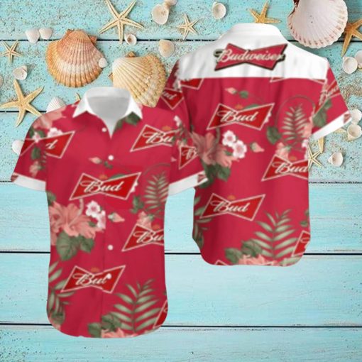 Budweiser Beer Hawaiian Shirt Red Hibiscus Flower