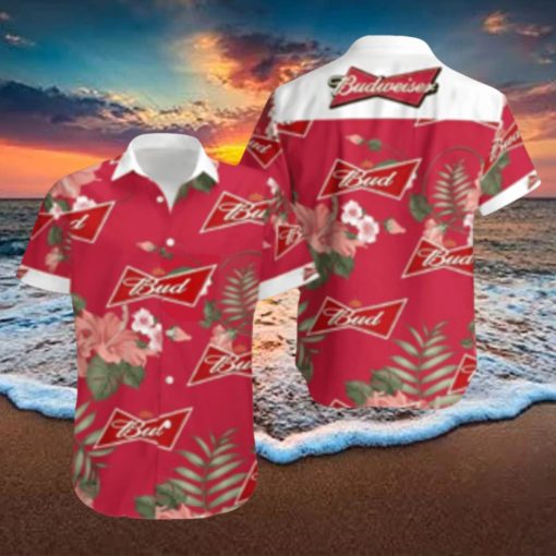 Budweiser Beer Hawaiian Shirt Red Hibiscus Flower