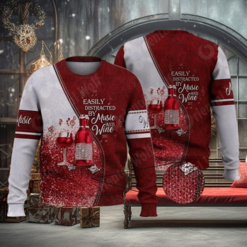Easily Distracted By Music And Wine 3D Full Print Ugly Sweater Christmas Gift Sweater