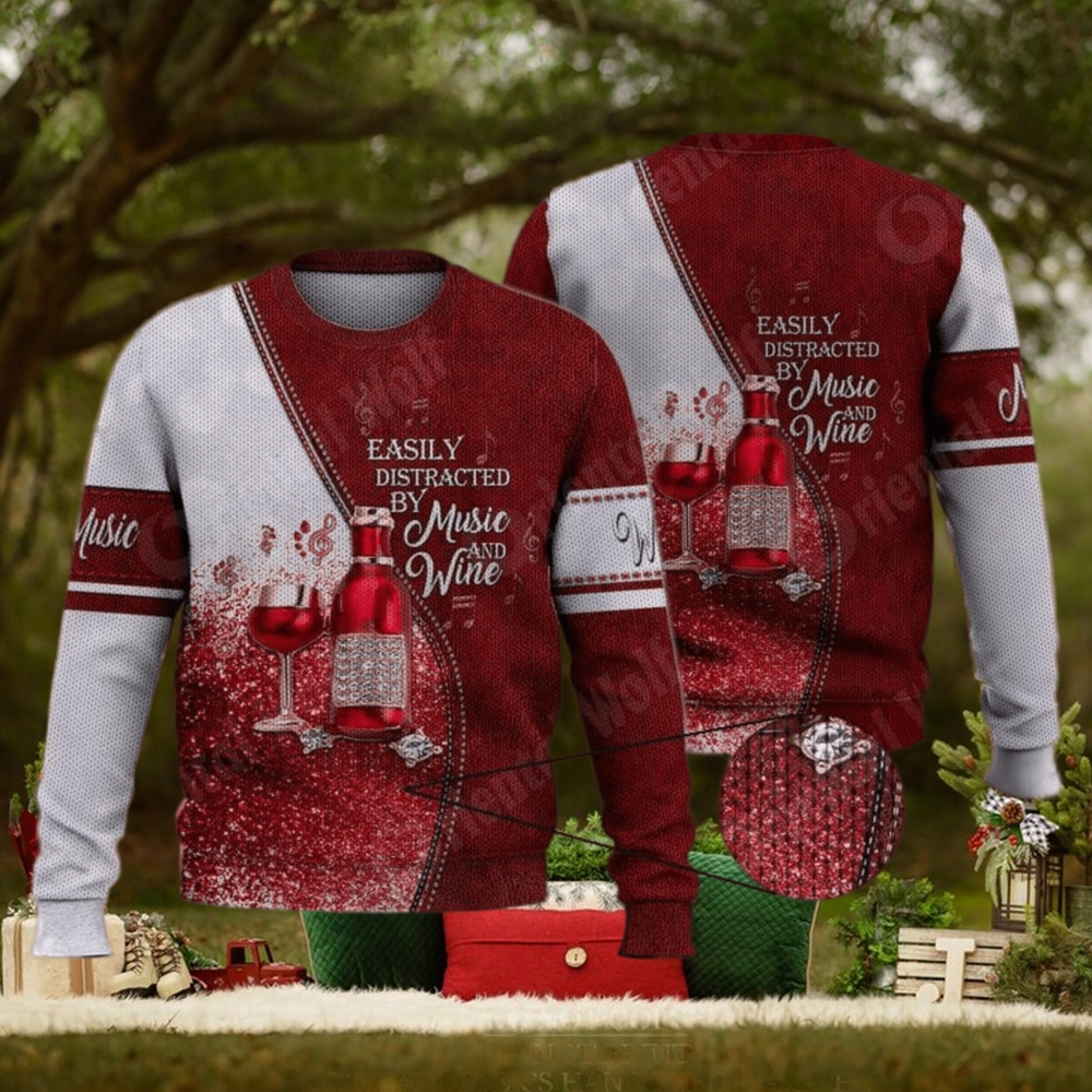 Easily Distracted By Music And Wine 3D Full Print Ugly Sweater Christmas Gift Sweater Easily Distracted By Music And Wine 3D Full Print Ugly Sweater Christmas Gift Sweater