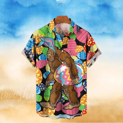 Easter Egg Hunter Bigfoot Print Chest Pocket Short Sleeve Hawaiian Shirt