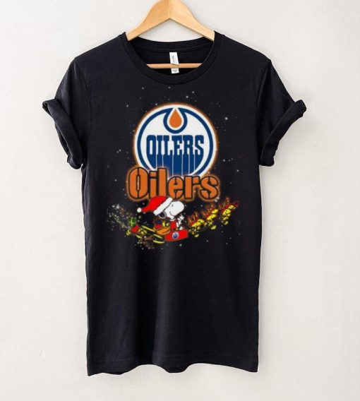 Edmonton Oilers NHL Santa Snoopy and Woodstock Christmas T Shirt