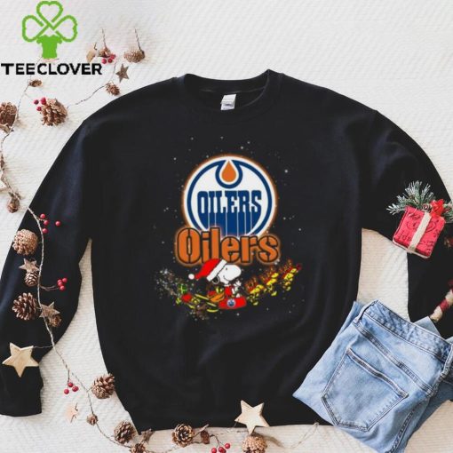 Edmonton Oilers NHL Santa Snoopy and Woodstock Christmas T Shirt