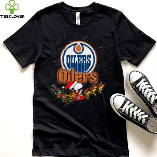 Edmonton Oilers NHL Santa Snoopy and Woodstock Christmas T Shirt